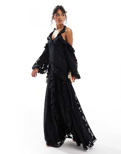 ASOS DESIGN – Schulterfreies Maxikleid aus geblümtem Jacquard in Schwarz mit überkreuztem Ausschnitt und Rüschendetail - view 1