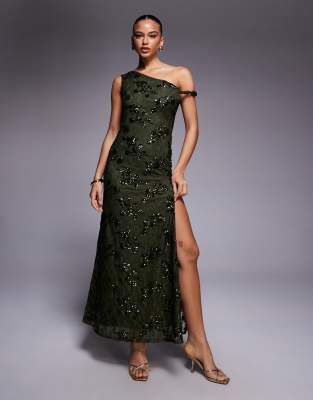 ASOS DESIGN - Schulterfreies Maxikleid aus Spitze in Grün mit verdrehtem Träger, Paillettenmuster und Rückenschnürung