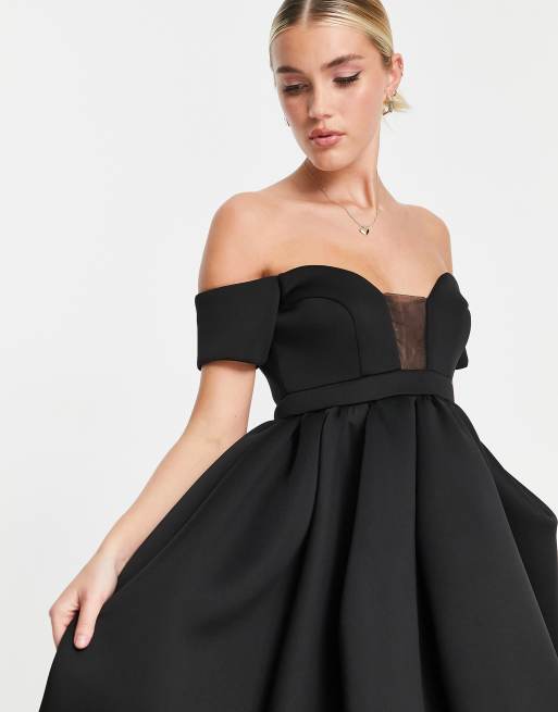 ASOS DESIGN Schulterfreies Maxikleid Ballkleid in Schwarz mit Netzeinsatz Kokon Schnitt