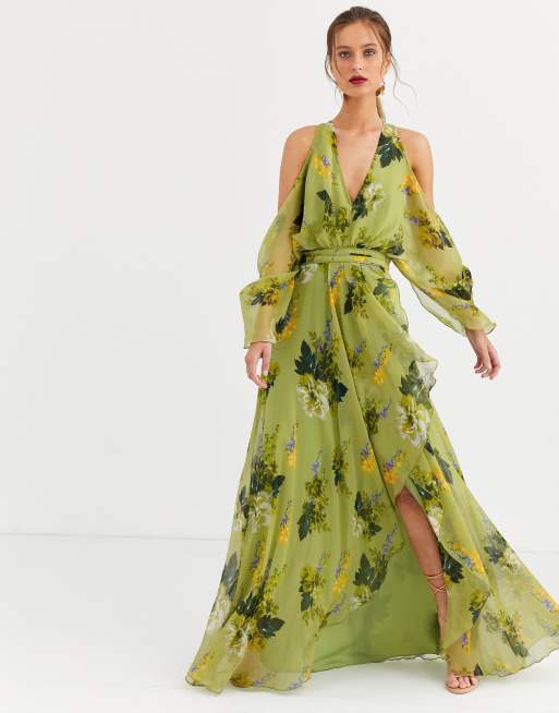 Asos Design Schulterfreies Maxikleid In Grün Mit Blumenmuster Asos