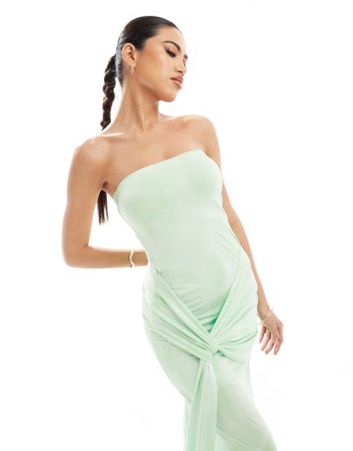 ASOS DESIGN – Schulterfreies Maxikleid in Hellgrün bedruckt mit drapiertem Detail, 4 von 4