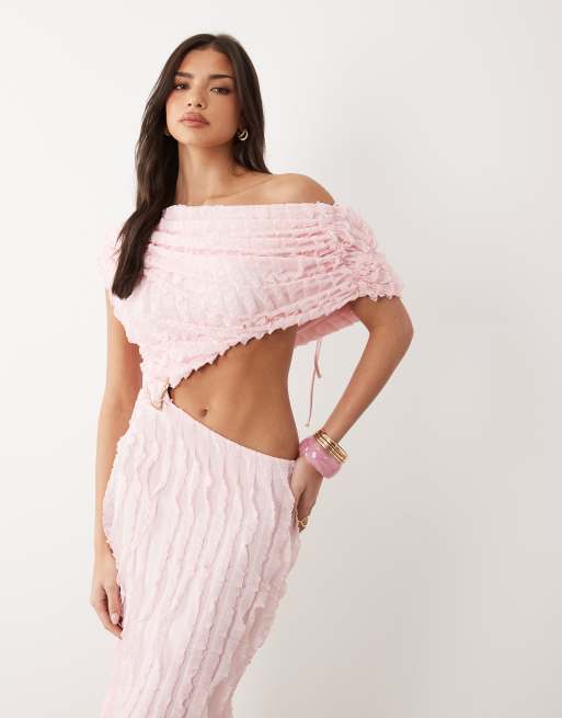 ASOS DESIGN – Schulterfreies Maxikleid in Rosa mit Rüschen und Cut-out-Detail, 3 von 4