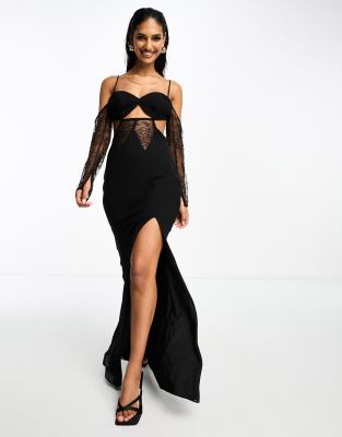 ASOS DESIGN - Schulterfreies Maxikleid in Schwarz mit Korsettdetail und Spitzeneinsätzen