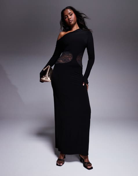 ASOS DESIGN – Schulterfreies Maxikleid in Schwarz mit Spitzeneinsatz - view 1