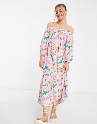 ASOS DESIGN - Schulterfreies Maxikleid in Trapezform mit Schößchen und Blumenprint-Bunt