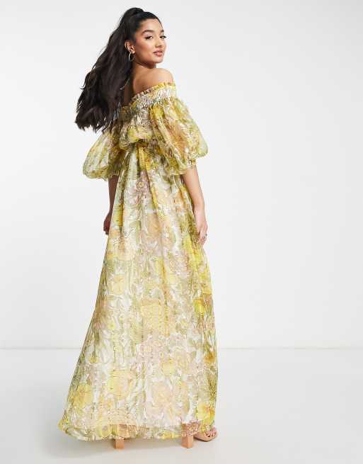 ASOS DESIGN – Schulterfreies Maxikleid mit Blousonärmeln und eingewebtem Streifenmuster, Wiesenblumenmuster, 2 von 4