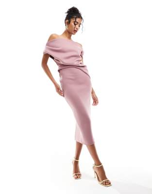 ASOS DESIGN - Schulterfreies Midi-Bleistiftkleid aus neoprenartigem Material in Malve mit Faltendetail an der Taille-Ros...