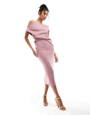 ASOS DESIGN - Schulterfreies Midi-Bleistiftkleid in Mauve mit Neoprenoptik und Faltendetail in der Taille-Rosa