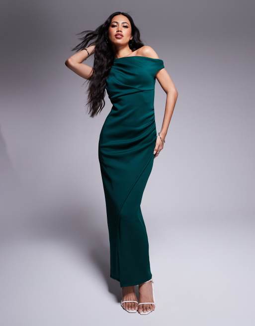 ASOS DESIGN – Schulterfreies Midikleid aus neoprenartigem Material in Flaschengrün mit Seitenschlitz