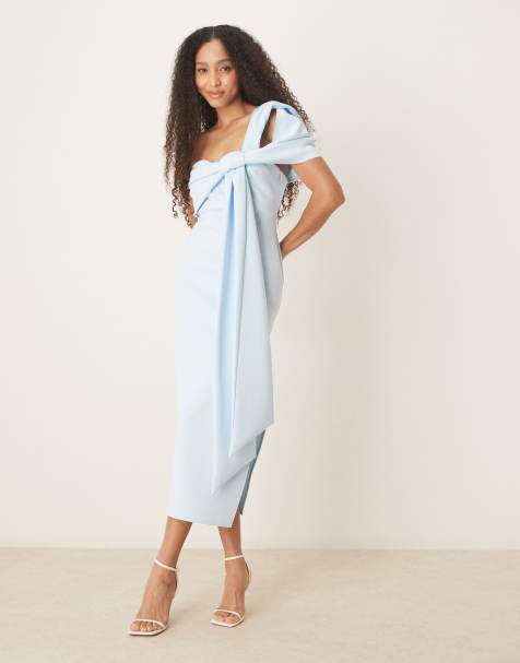 ASOS DESIGN – Schulterfreies Midikleid aus neoprenartigem Stoff in Hellblau mit Schleifendetail - view 1