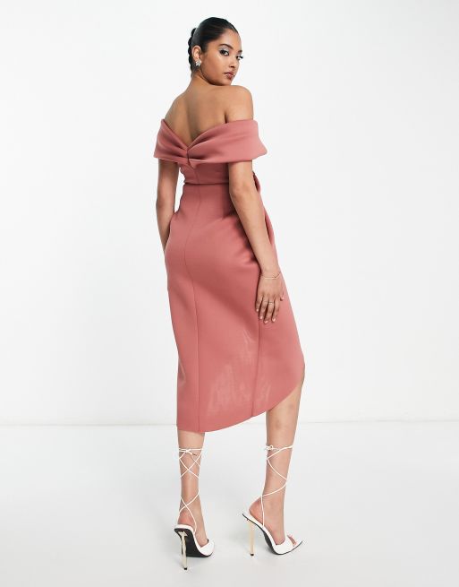 ASOS DESIGN – Schulterfreies Midikleid in Rose mit verdrehter Vorderseite, 2 von 4