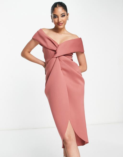 ASOS DESIGN – Schulterfreies Midikleid in Rose mit verdrehter Vorderseite, 3 von 4