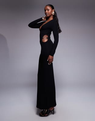 ASOS DESIGN - Schulterfreies Midikleid in Schwarz mit seitlichem Besatz