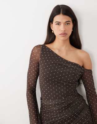 Schulterfreies Minikleid aus Netzstoff mit Punkte-Print und Glockenärmeln-Braun Braun M