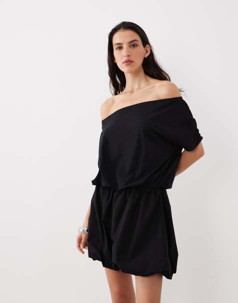 ASOS DESIGN – Schulterfreies Minikleid in Schwarz mit Ballonsaum - view 1