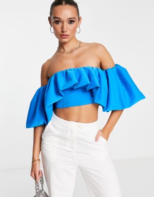 ASOS DESIGN - Schulterfreies Neopren-Oberteil mit voluminösen Ärmeln in Kobaltblau