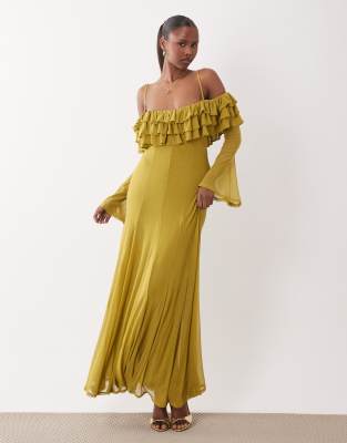 ASOS DESIGN - Schulterfreies Netzstoff-Maxikleid in Chartreuse mit Rüschen und Godet-Details-Grün
