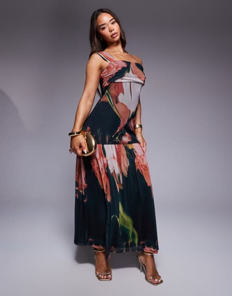 ASOS DESIGN – Schulterfreies Netzstoff-Maxikleid mit Print und One-Shoulder-Träger - view 1