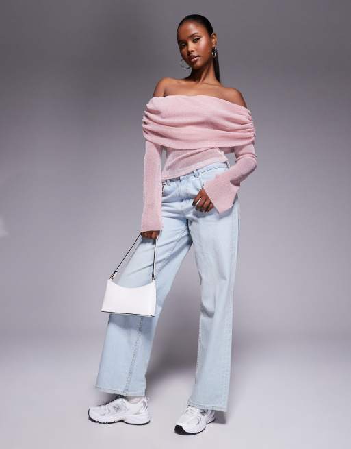 ASOS DESIGN – Schulterfreies Netzstoff-Oberteil in Glitzer-Rosa mit ausgestellten Ärmeln, 2 von 4