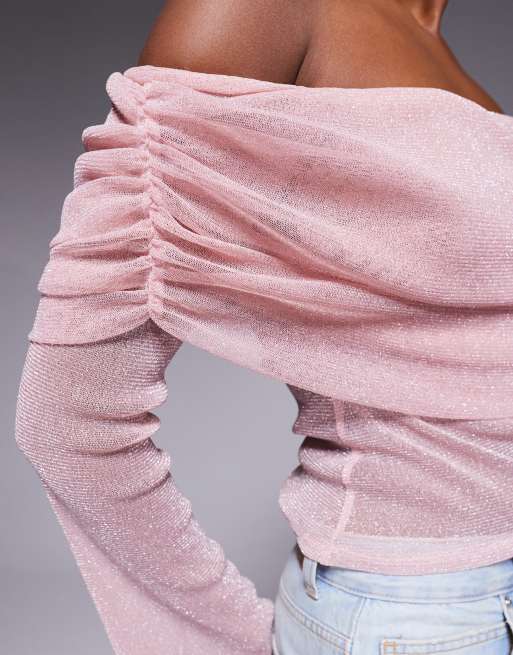 ASOS DESIGN – Schulterfreies Netzstoff-Oberteil in Glitzer-Rosa mit ausgestellten Ärmeln, 4 von 4
