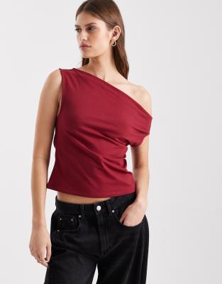 ASOS DESIGN - Schulterfreies Oberteil aus Baumwolle in Burgunderrot