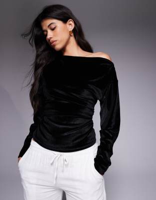 ASOS DESIGN - Schulterfreies Oberteil aus Samtcord in Schwarz mit betonter Taille-Marineblau