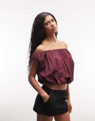 ASOS DESIGN - Schulterfreies Oberteil in Pflaume mit Ballonsaum-Lila