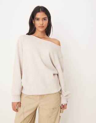 ASOS DESIGN - Schulterfreies Oversize-Sweatshirt in haferbeige meliert-Neutral