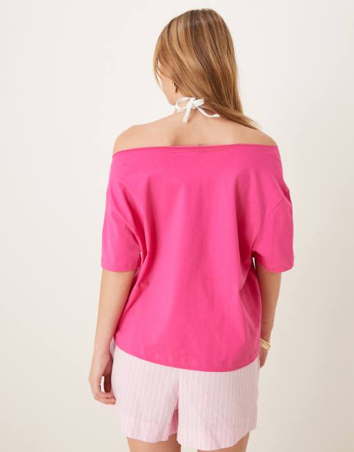 ASOS DESIGN – Schulterfreies Oversize-T-Shirt in Rosa mit Auster-Grafik, 3 von 4