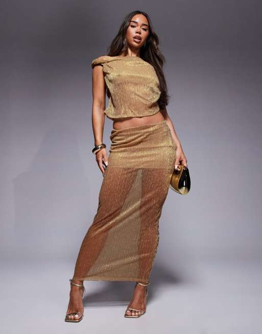 ASOS DESIGN – Schulterfreies Plissee-Oberteil in Metallic-Gold mit verdrehtem Träger, Kombiteil, 2 von 4