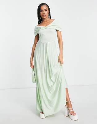 ASOS DESIGN - Schulterfreies, plissiertes Maxikleid in Salbeigrün mit verdrehter Vorderseite - LGREEN