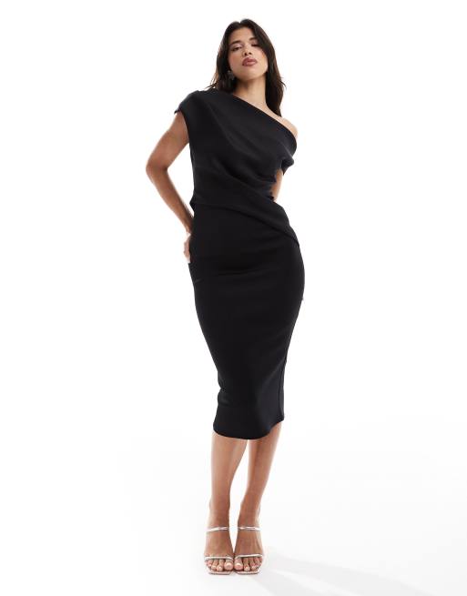 ASOS DESIGN Schulterfreies plissiertes Midi Bleistiftkleid in Schwarz mit Faltendetail an der Taille