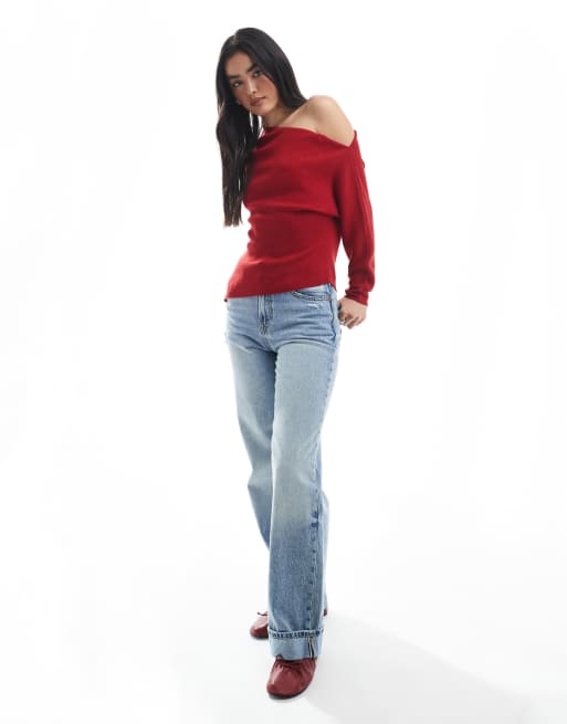 ASOS DESIGN – Schulterfreies Rippstrick-Oberteil in Rot mit asymmetrischem schulterfreiem Ausschnitt, 4 von 4
