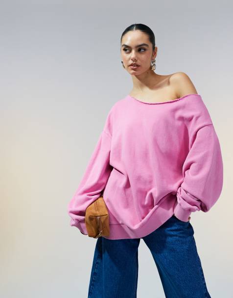 ASOS DESIGN – Schulterfreies Sweatshirt in verwaschenem Rosa - view 1