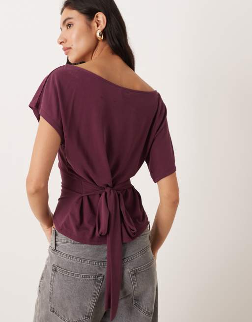 ASOS DESIGN – Schulterfreies T-Shirt aus Modal in Pflaume mit Taillenband, 3 von 4