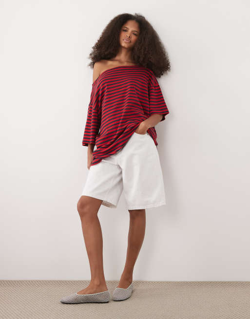 ASOS DESIGN – Schulterfreies T-Shirt mit marineblauen Streifen, 3 von 4