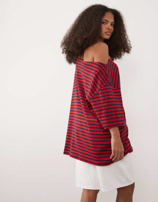 ASOS DESIGN – Schulterfreies T-Shirt mit marineblauen Streifen, 4 von 4