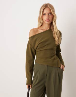 ASOS DESIGN - Schulterfreies, weiches Oberteil in Khaki mit langen Ärmeln und Korsett-Taille-Grün
