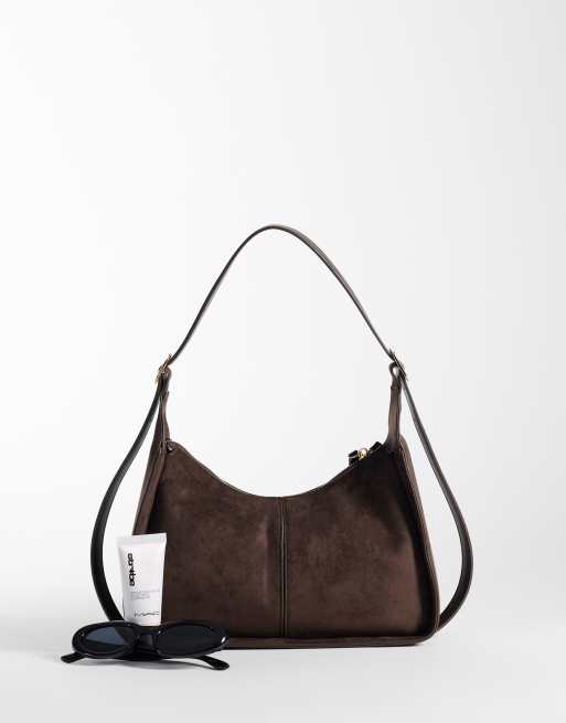 ASOS DESIGN – Schultertasche aus Wildlederimitat in Schokobraun mit Gürtelriemen, 2 von 4