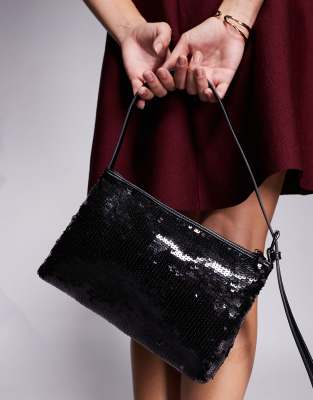 ASOS DESIGN - Schultertasche in Mattschwarz mit Paillettenbesatz und seitlichem Schnallenriemen-Lila