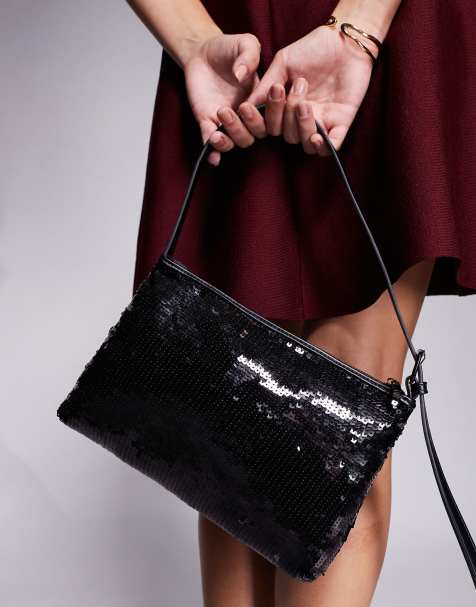 ASOS DESIGN – Schultertasche in Mattschwarz mit Paillettenbesatz und seitlichem Schnallenriemen - view 1