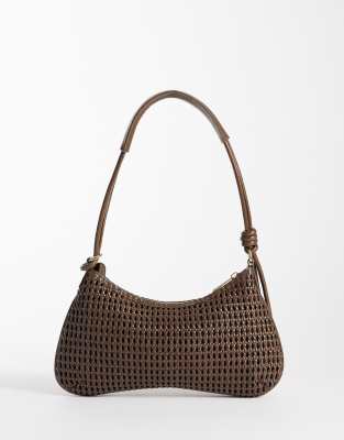 ASOS DESIGN - Schultertasche in Schokobraun in Weboptik mit dünnem Riemen und Knotendetail-Brown