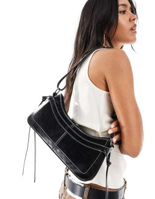 ASOS DESIGN - Schultertasche in Schwarz mit Kontrastnaht, seitlichen Bindebändern und mehreren Zwickeln