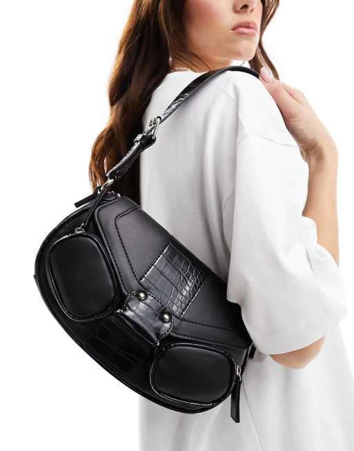 ASOS DESIGN – Schultertasche in Schwarz mit Schnalle und Fächern