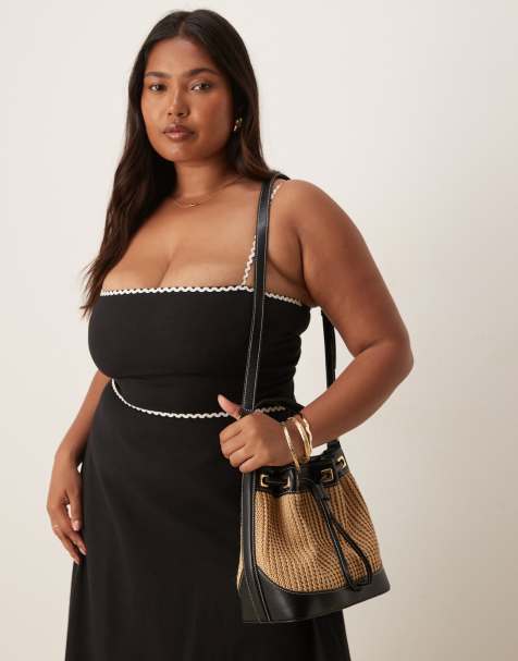 ASOS DESIGN – Schultertasche in Schwarz mit Stroh-Look mit kontrastierenden Ziernähten - view 1