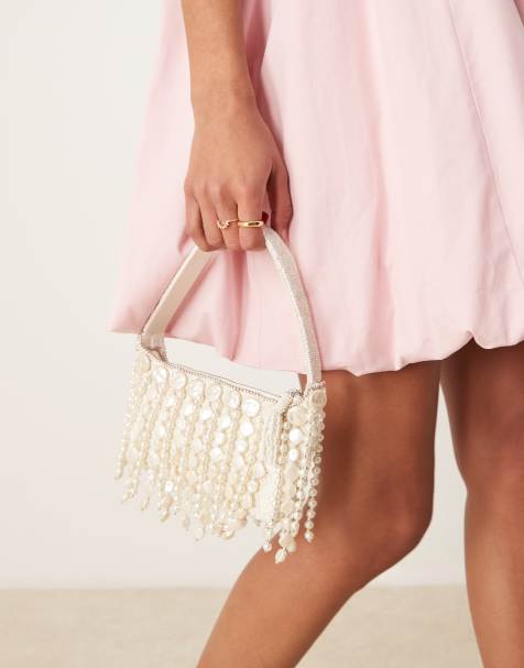 ASOS DESIGN – Schultertasche in Wollweiß mit Perlenfransen - view 1