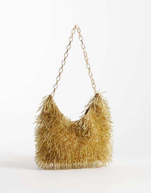 ASOS DESIGN Schultertasche mit Perlenverzierung in Gold, 4 von 4