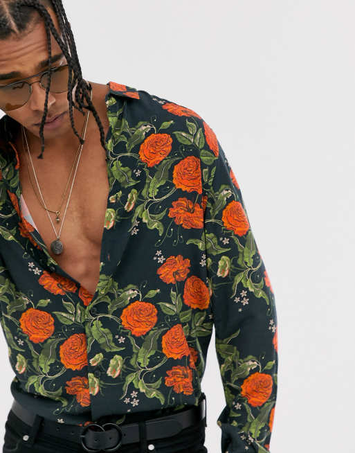 ASOS DESIGN – Schwarz geblümtes Hemd in normaler Passform