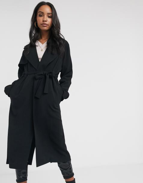 ASOS DESIGN – Schwarzer Duster-Mantel mit Wasserfallkragen