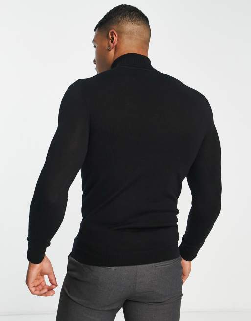 ASOS DESIGN – Schwarzer Muskelpullover aus hochwertiger Merinowolle in Schwarz mit Rollkragen, 2 von 4